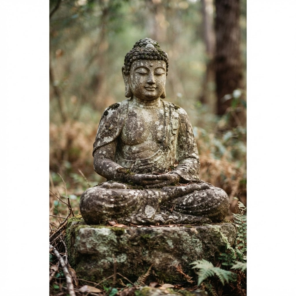 Weathered stone Buddha statue in soft morning light