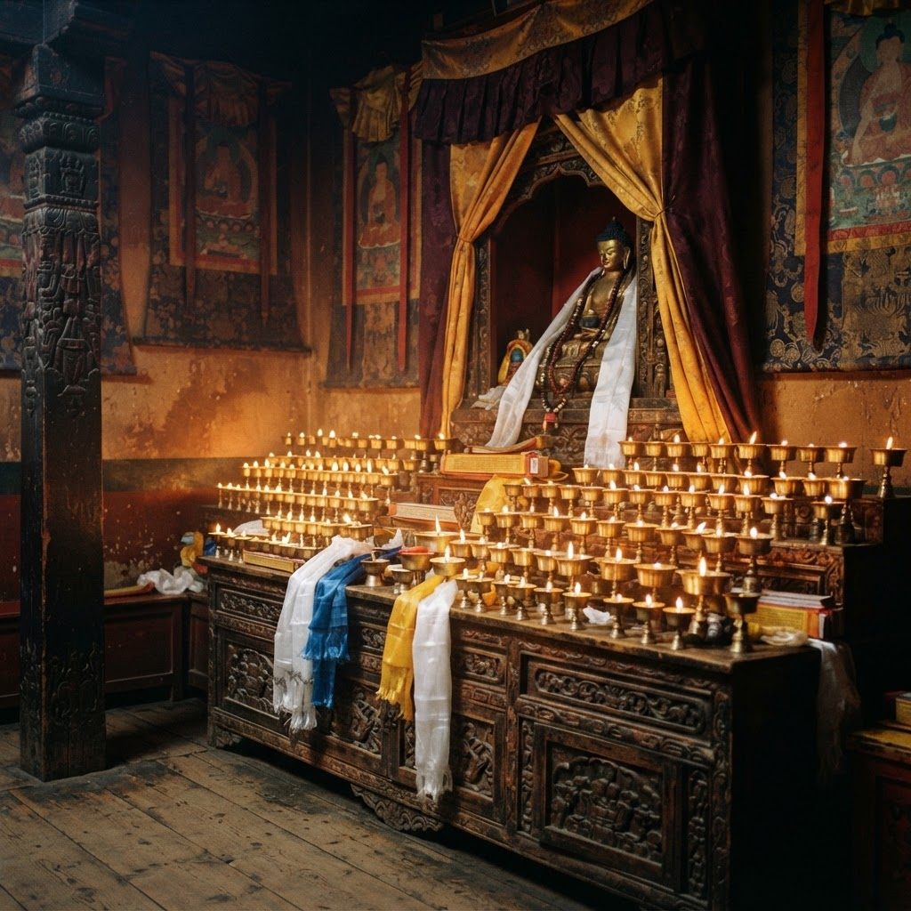 Monastery shrine with rows of glowing brass butter lamps