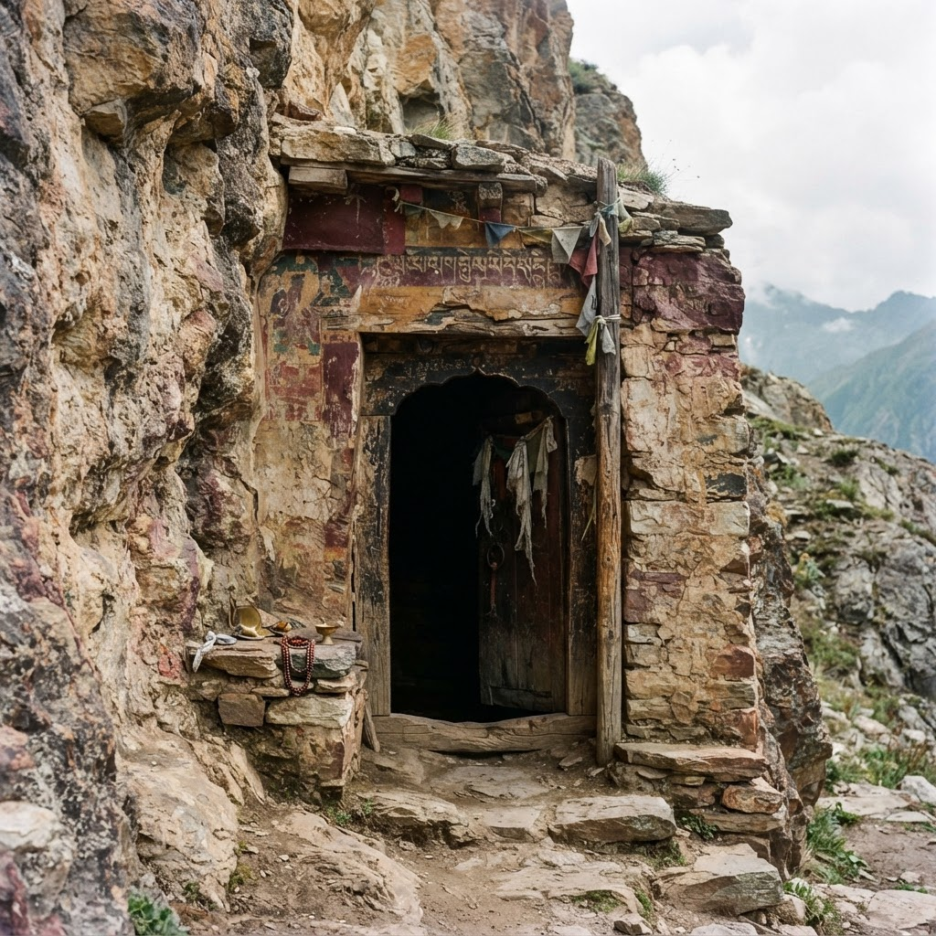 Ancient cave hermitage entrance carved into weathered rock