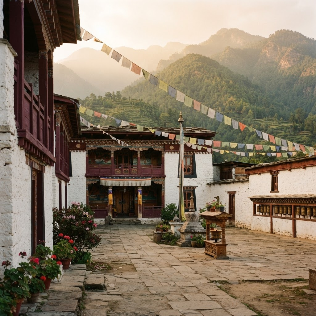 Whitewashed courtyard with burgundy timber trim and prayer flags
