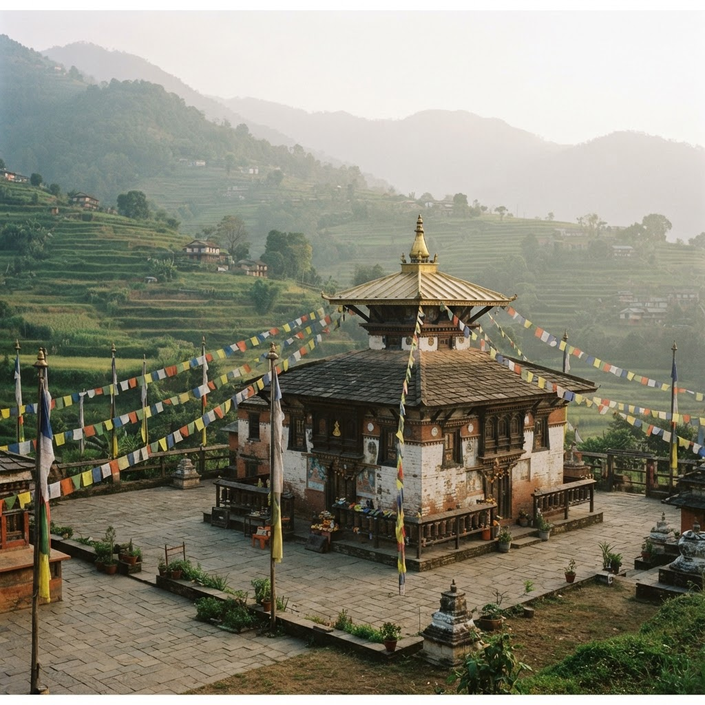 Brick and whitewashed shrine building below terraced green hills