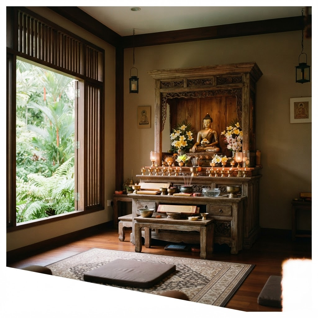 Small urban shrine room with warm wood and butter lamps