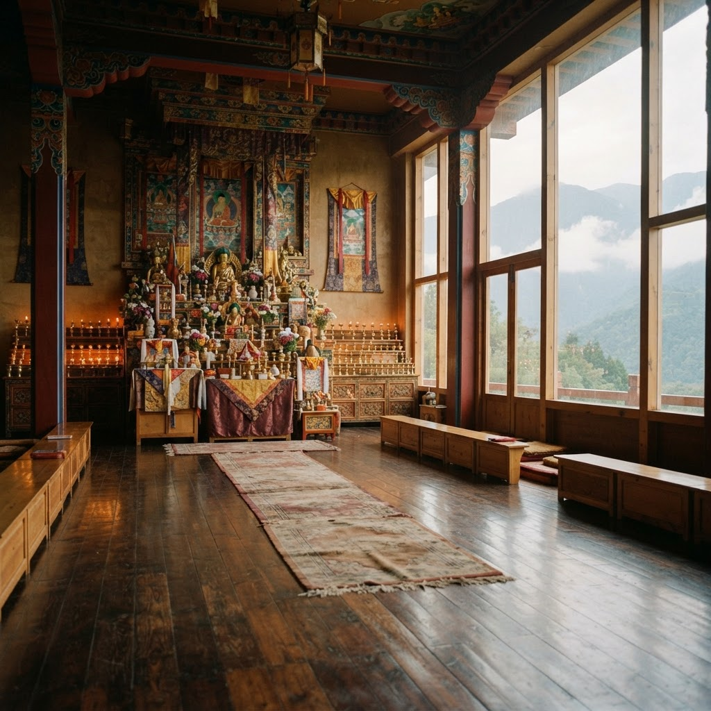 Shrine hall interior with tall windows looking onto misty green mountains