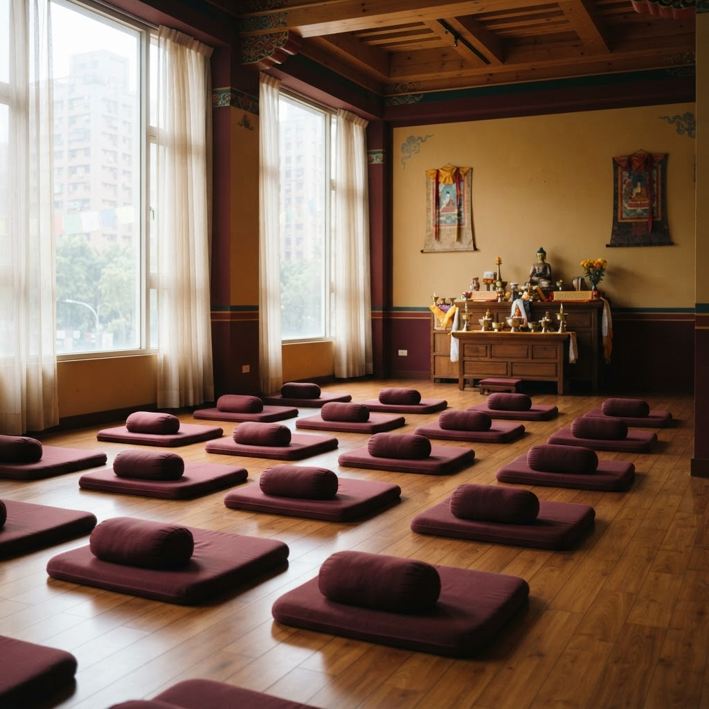 Meditation hall with rows of maroon cushions and tall bright windows