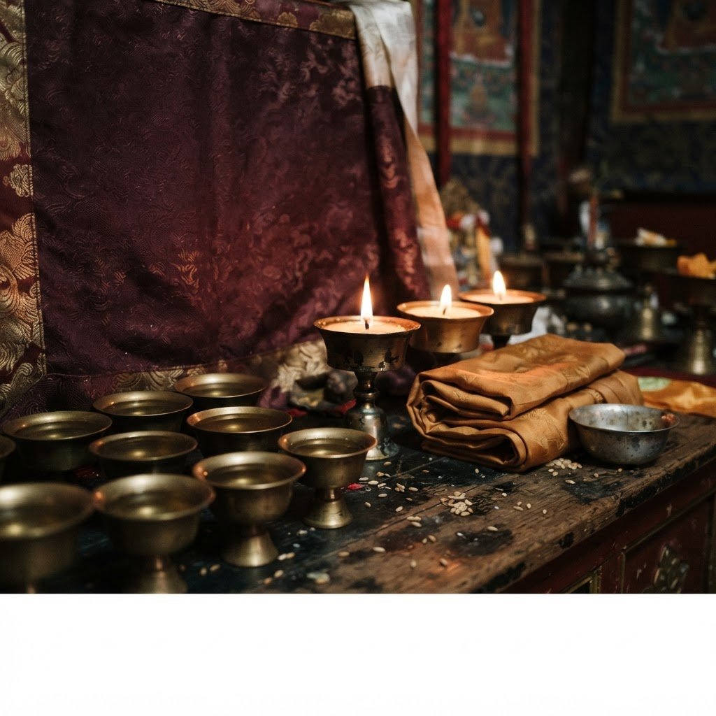 Altar detail with brass butter lamps and folded ochre silk