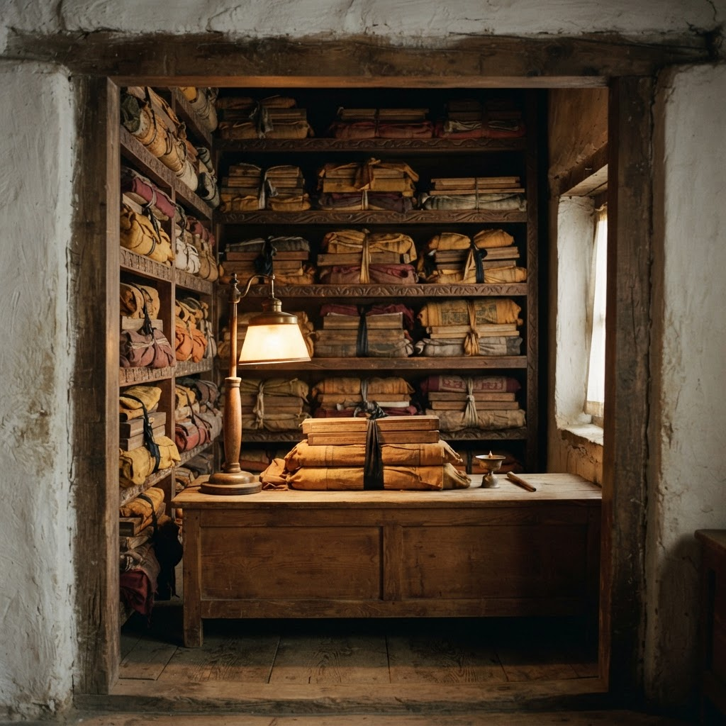 Shelves of Tibetan texts wrapped in ochre and saffron cloth