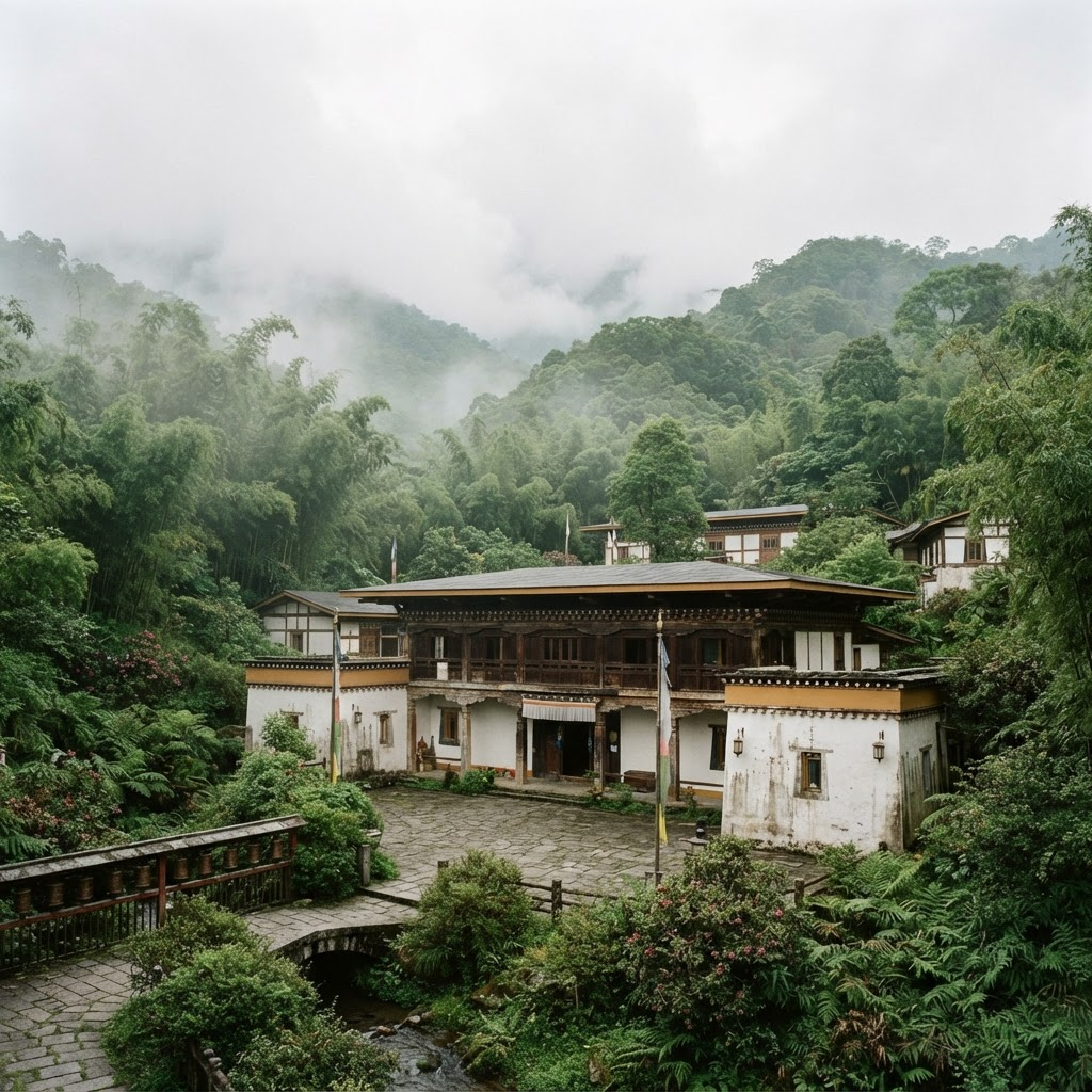 Timber and plaster retreat building among misty subtropical hills