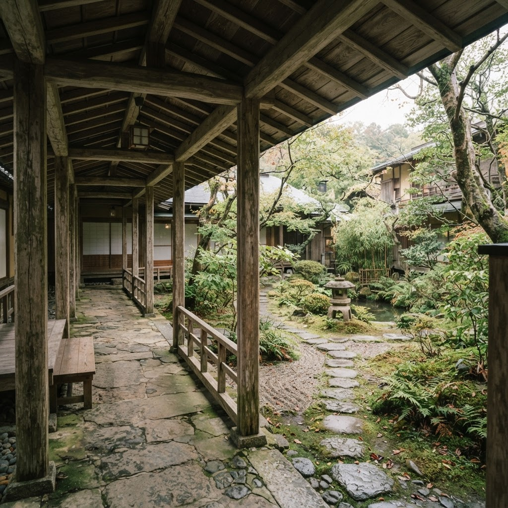 Covered timber walkway looking onto a mossy garden courtyard