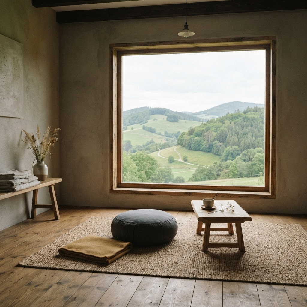 Simple retreat cabin interior with a cushion and a window onto green hills