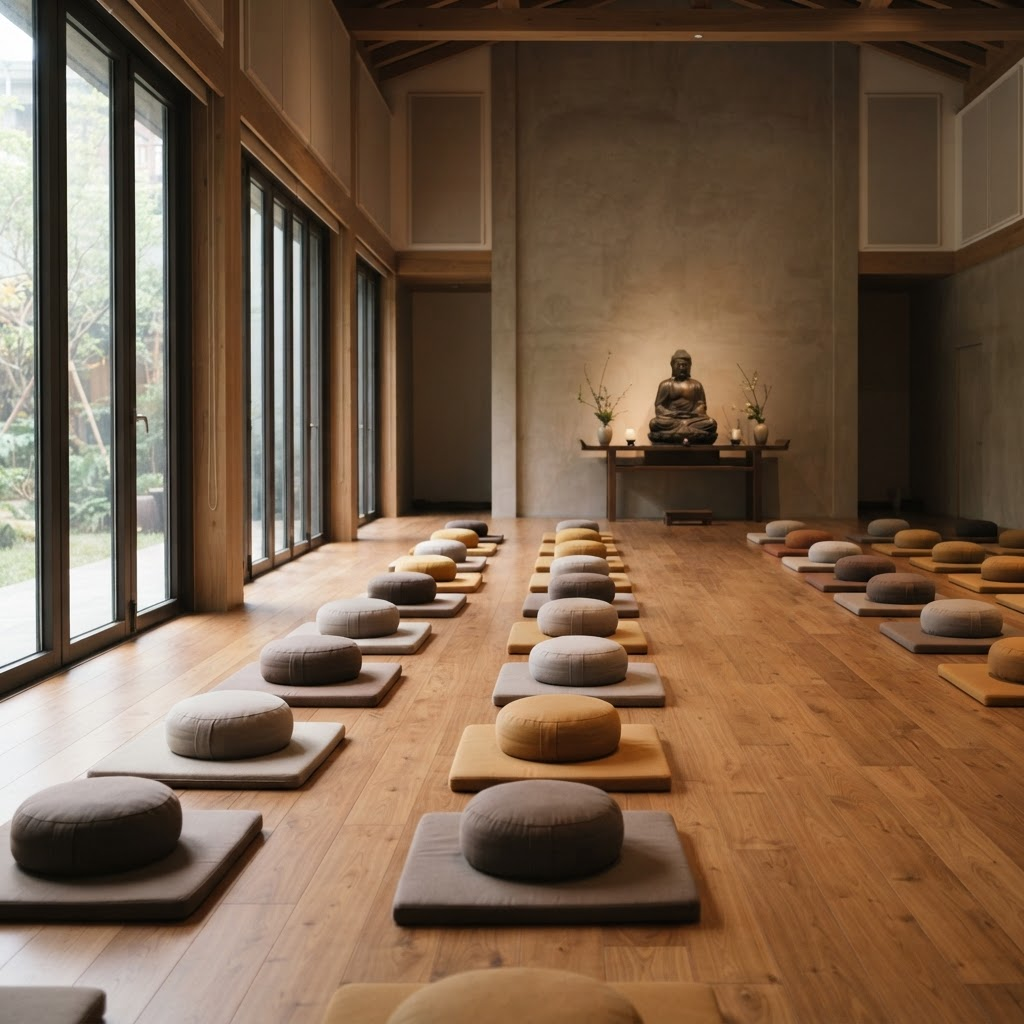Meditation hall with wooden floors and tall windows