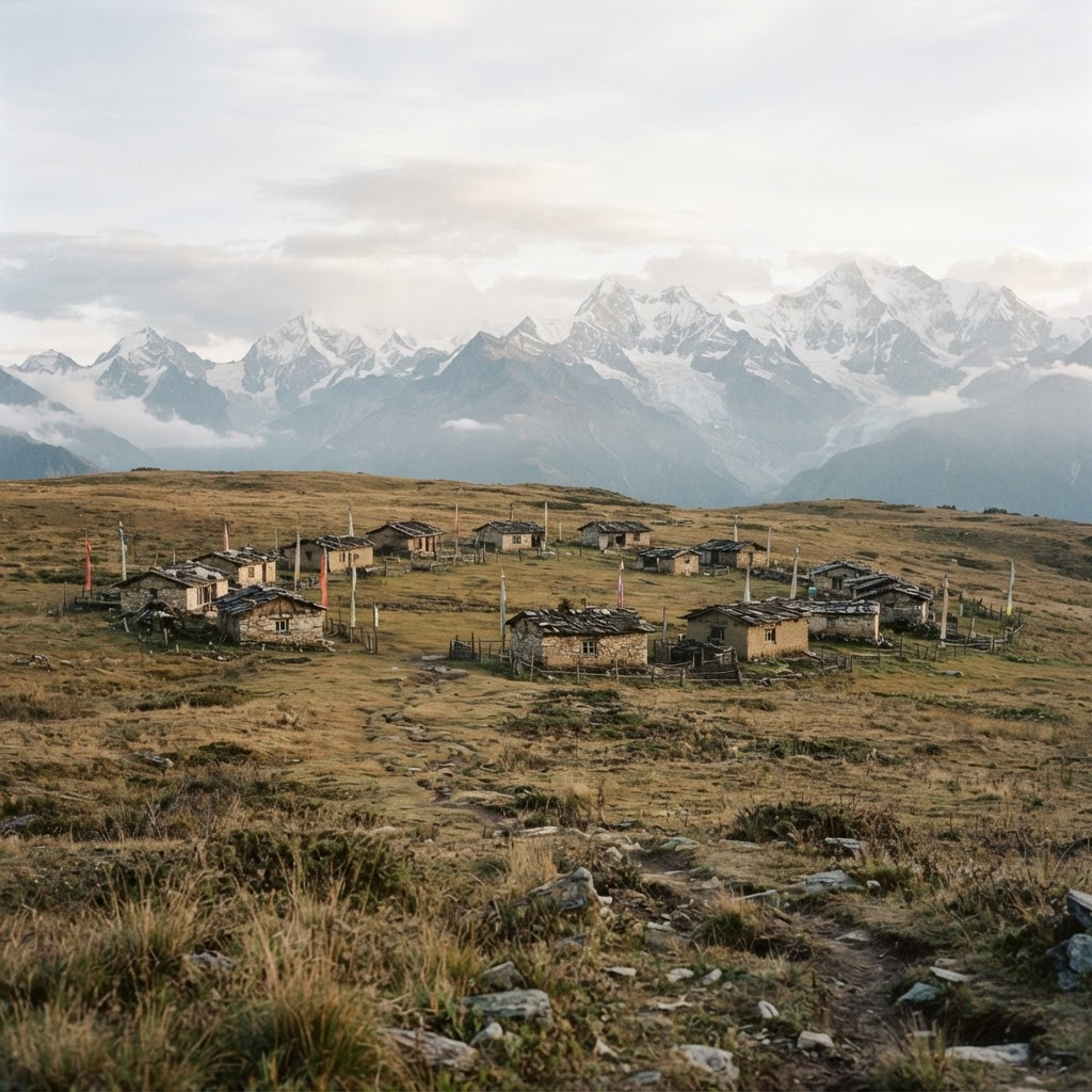 Stone retreat huts on a high grassy plateau