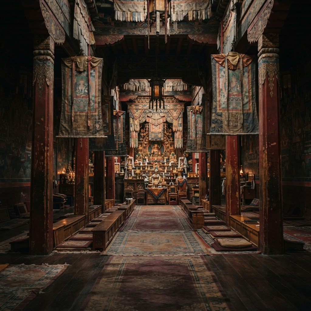 Monastery assembly hall with red pillars and hanging textiles