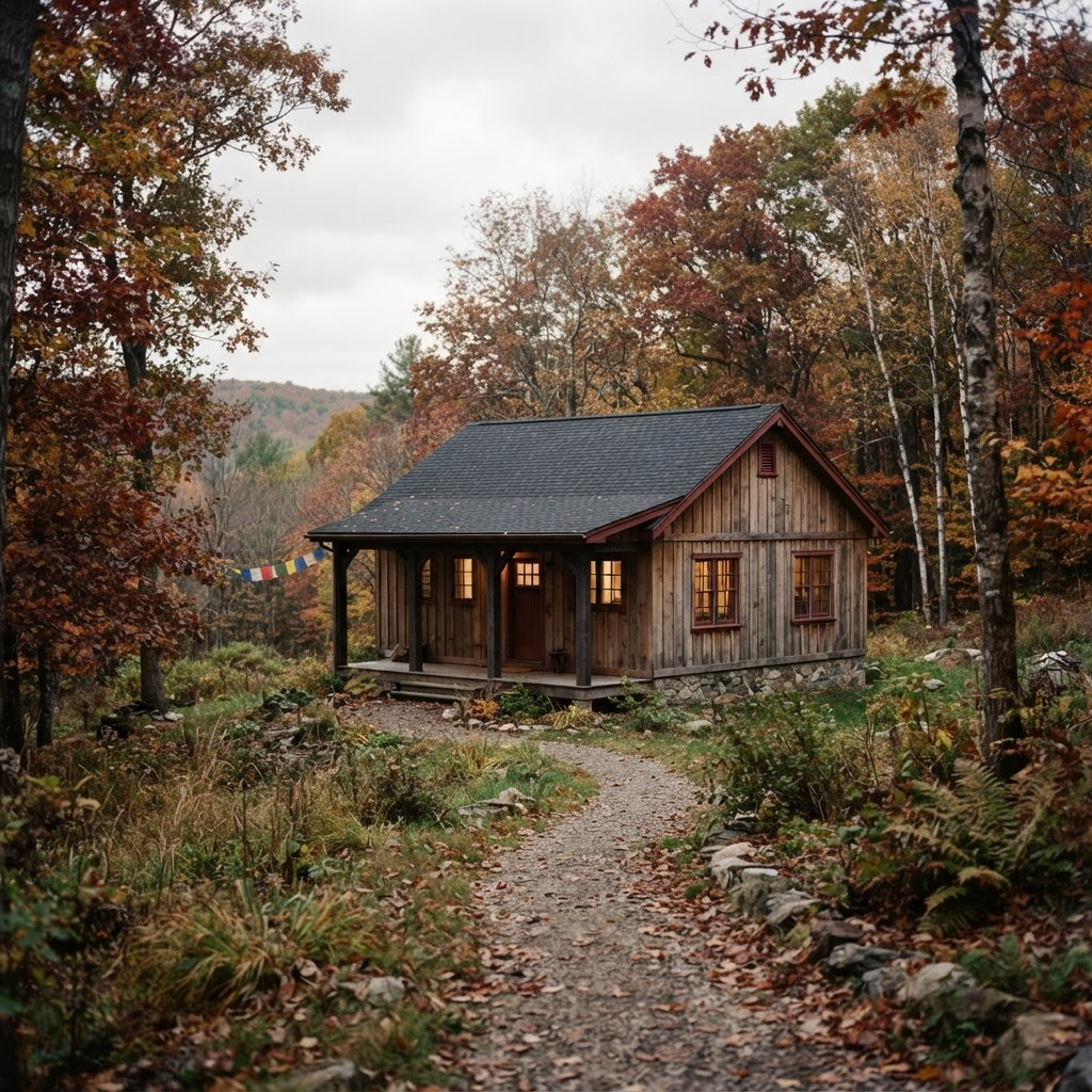 Simple wooden retreat house surrounded by autumn trees