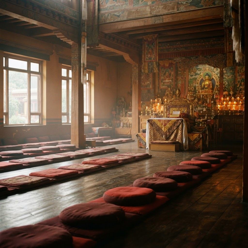 Warmly lit shrine hall with rows of cushions and a draped teaching throne