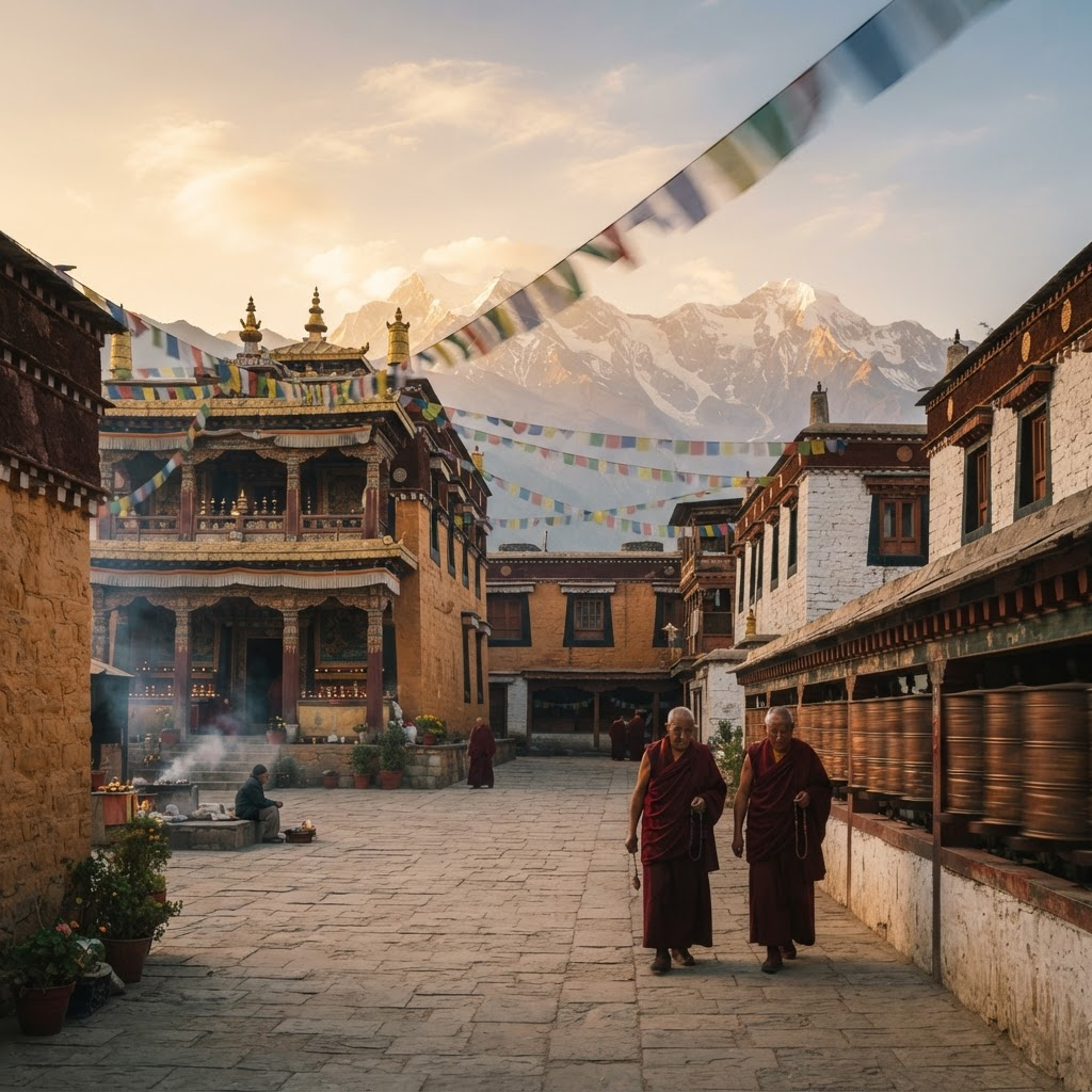 Monastery courtyard at golden hour with distant snow mountains