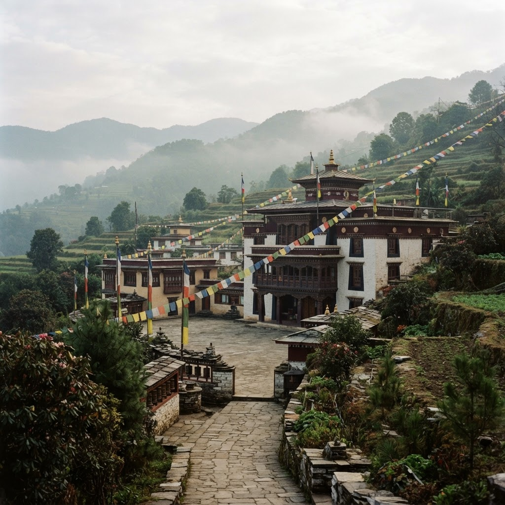 Tiered monastery with prayer flags above terraced foothills