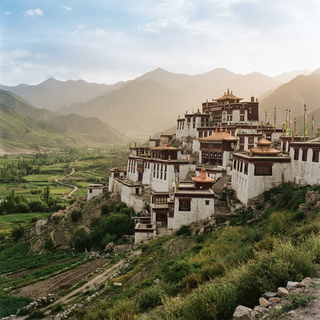 Monastery with whitewashed walls and burgundy trim among green hills