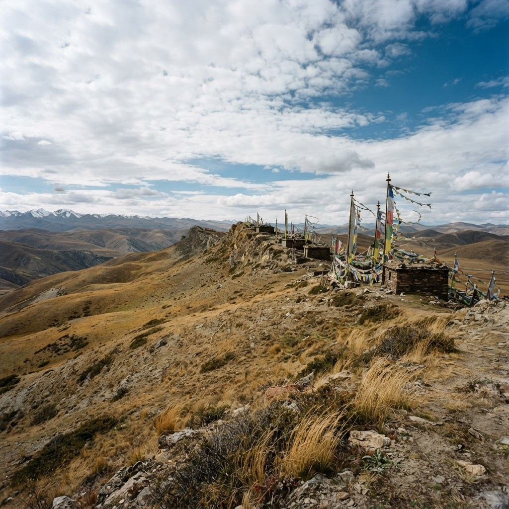 Rolling grassland plateau with stone retreat huts and prayer flags