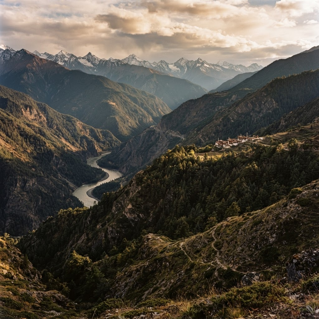 Forested river gorges with a distant monastery on a hillside