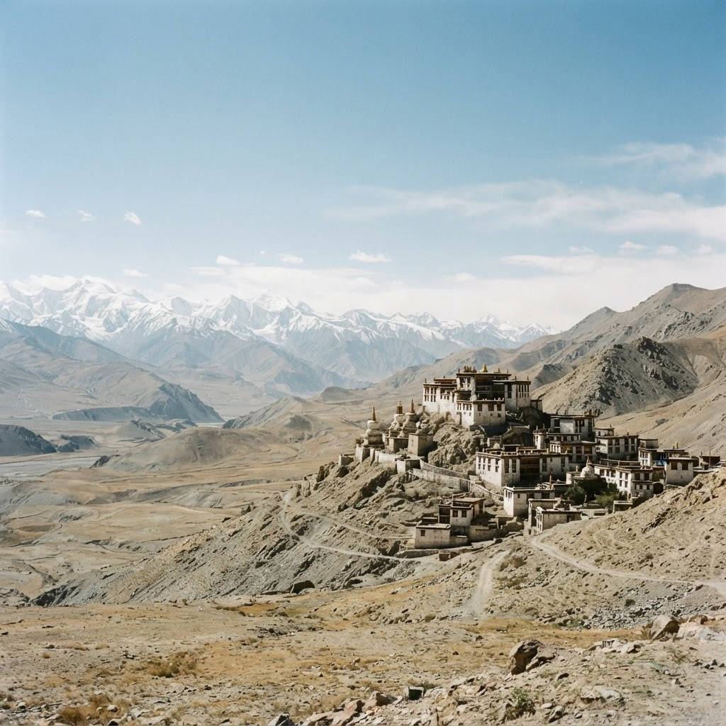 Whitewashed monastery complex on an arid plateau hillside