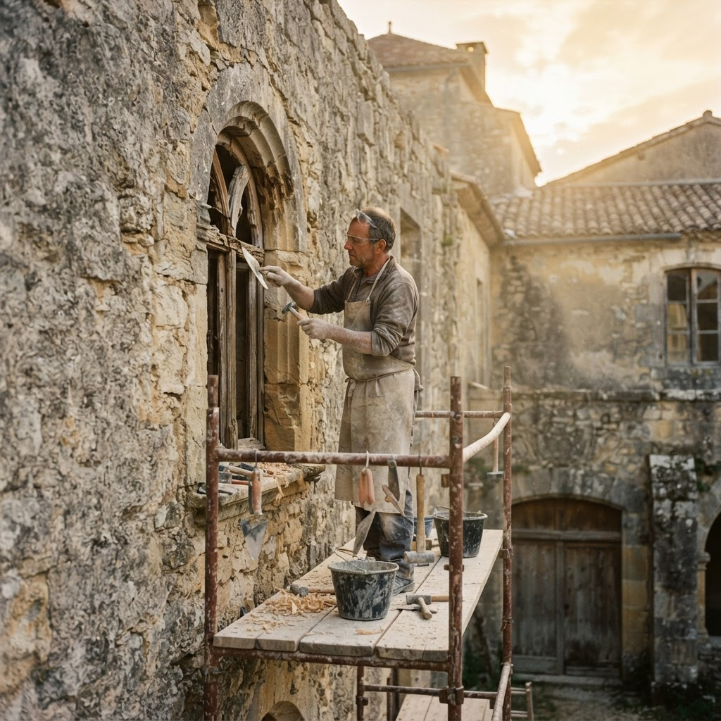 Craftsman restoring a weathered monastery wall and window frame