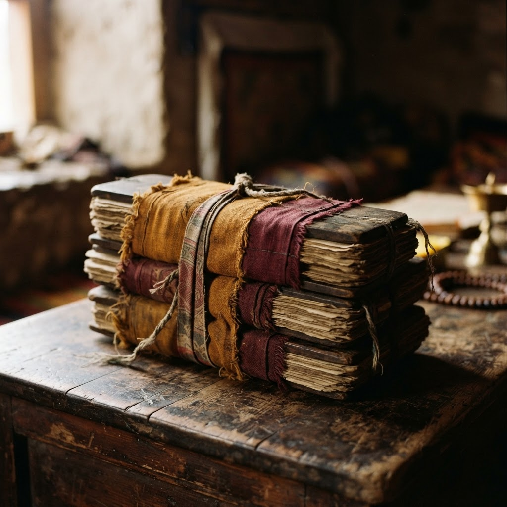 Stack of Tibetan manuscripts wrapped in ochre and burgundy cloth