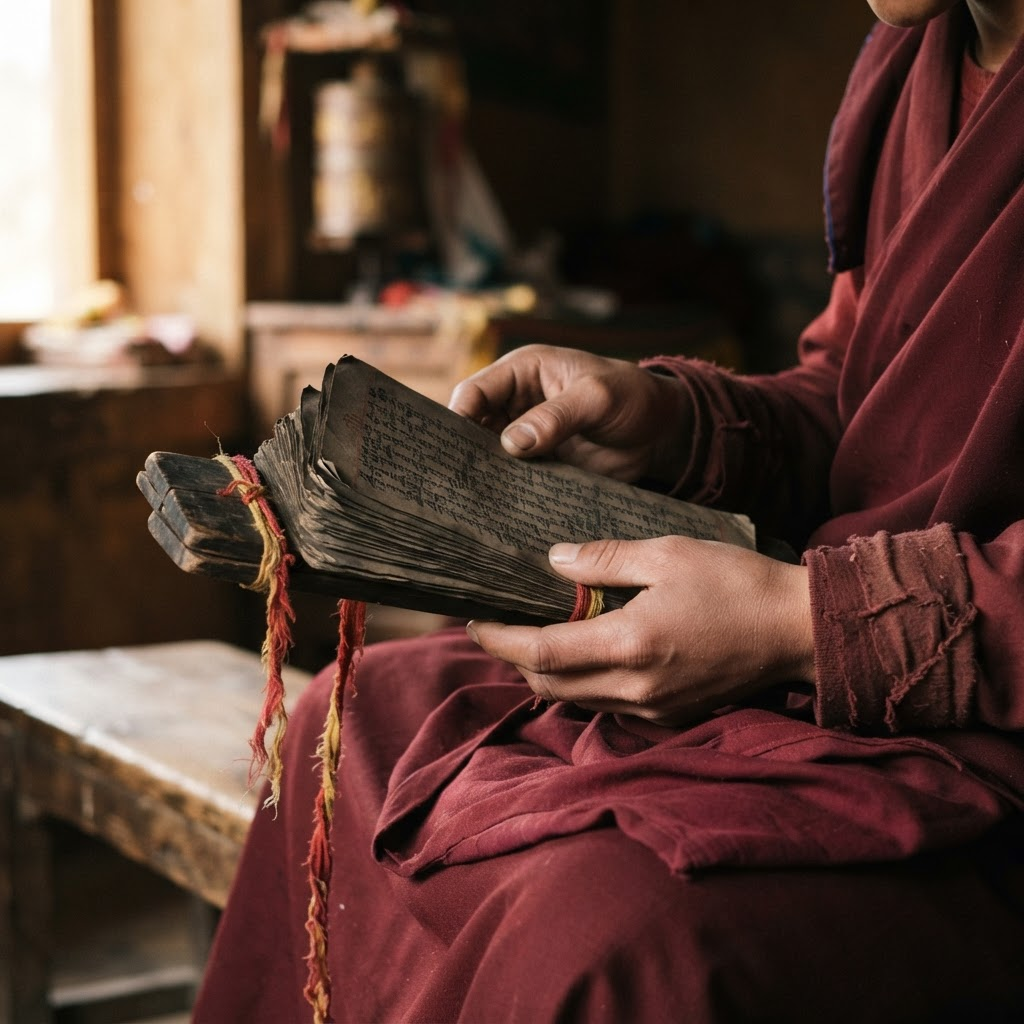 Hands of a young monk holding a traditional loose-leaf text