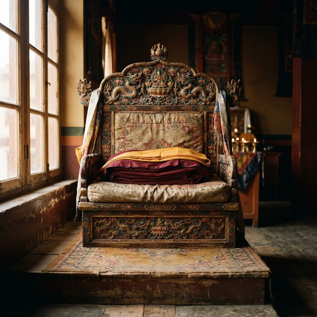 Ornate teaching throne with folded burgundy and saffron robes