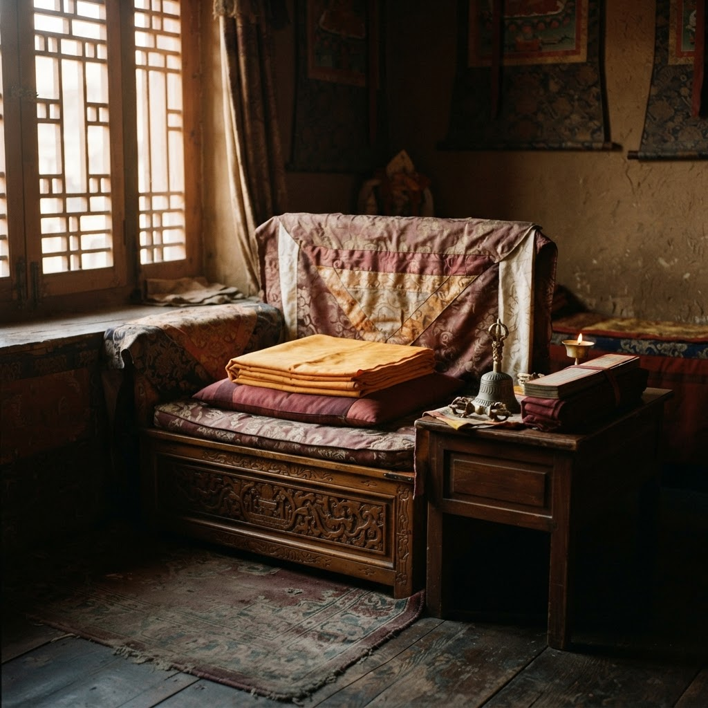 Low teaching seat with folded saffron shawl beside a brass bell