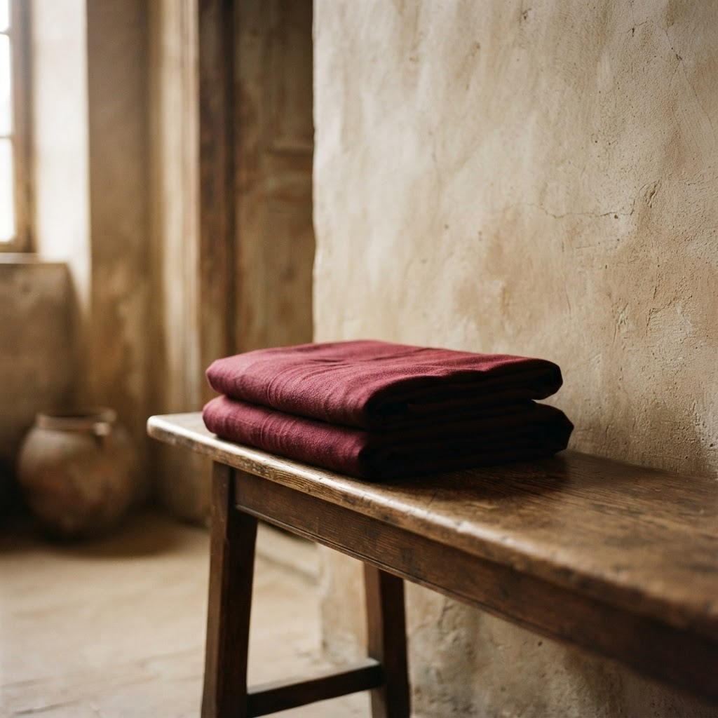 Folded deep burgundy monastic robe on a simple wooden bench