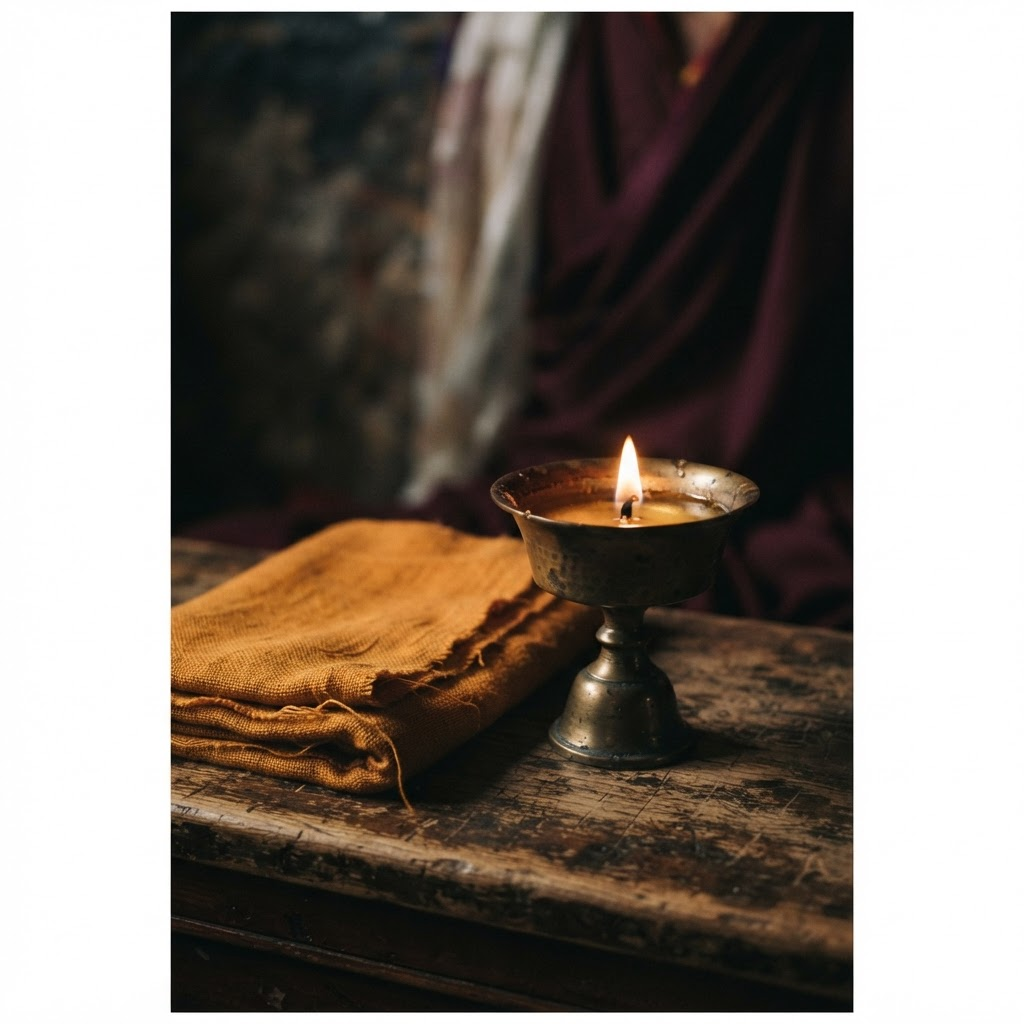 Brass butter lamp glowing beside folded saffron cloth