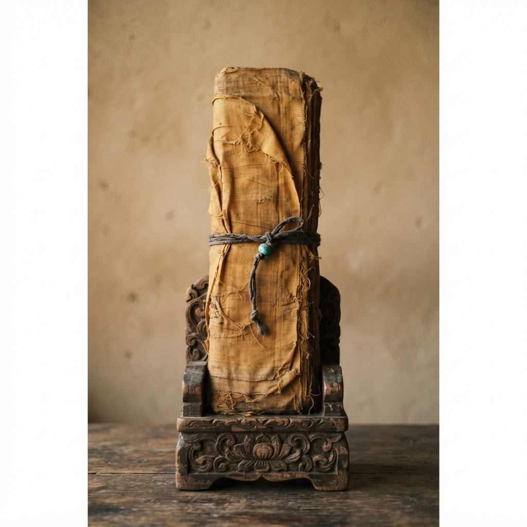 Tibetan manuscript wrapped in ochre silk on a carved stand