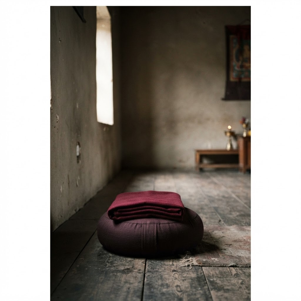 Meditation cushion with folded maroon shawl in an empty room
