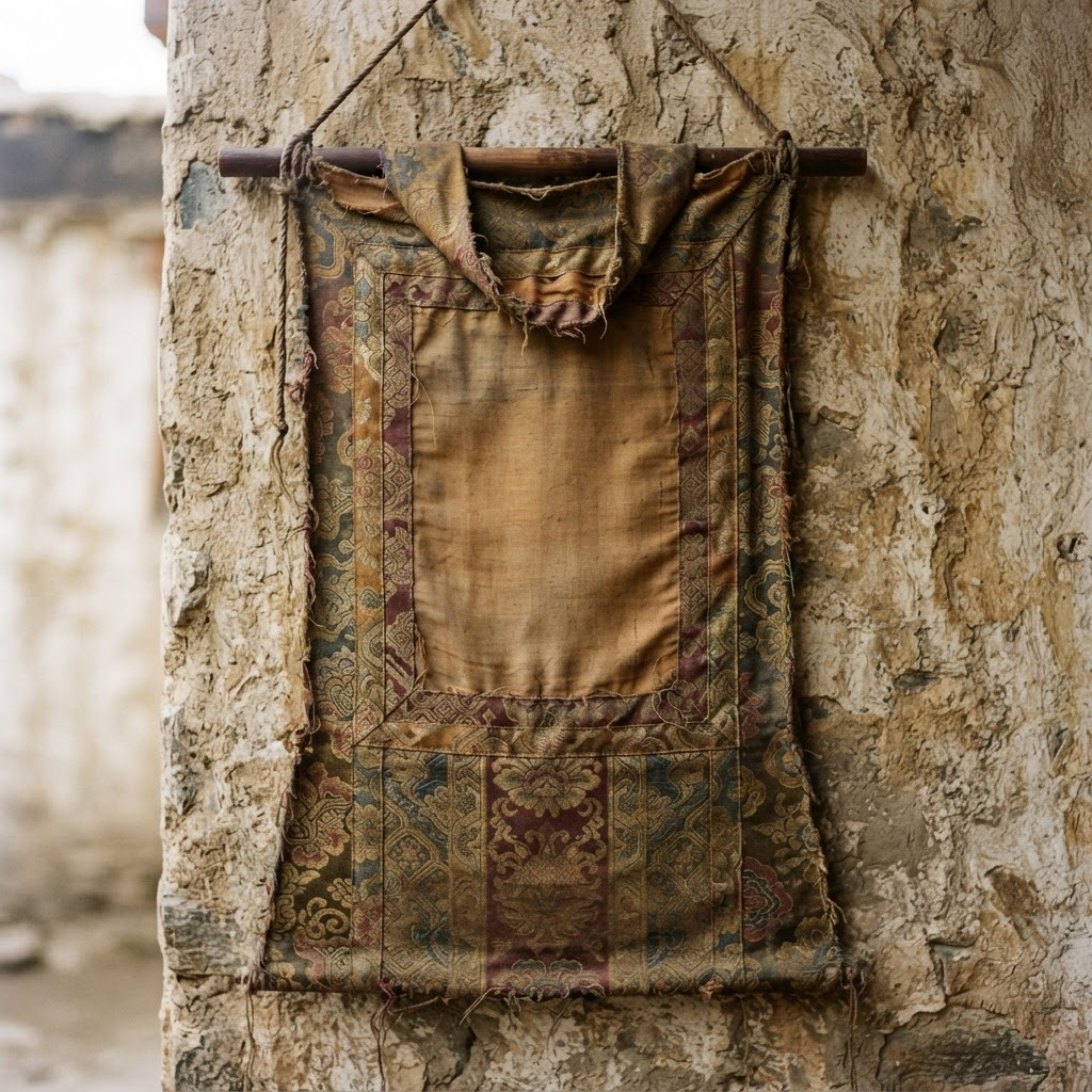 Faded thangka textile border with ochre and burgundy brocade