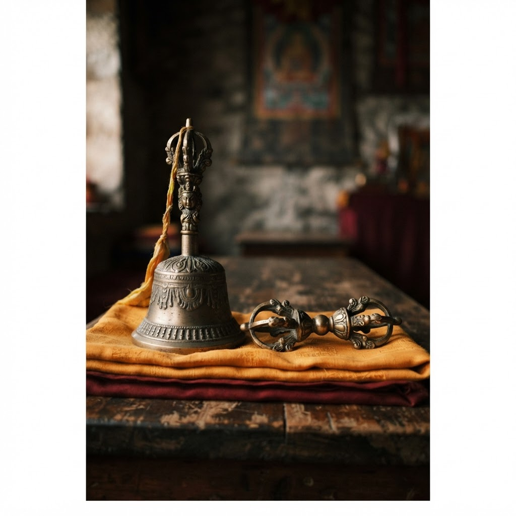 Brass ritual bell and dorje resting on folded saffron cloth